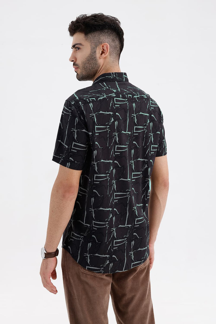 BASICS SLIM FIT BLACK SAND COTTON VISCOSE PRINTED HALFSLEEVES SHIRT