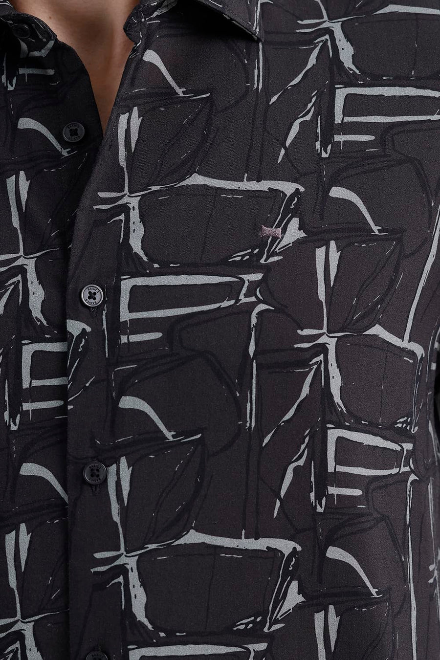 BASICS SLIM FIT BLACK SAND COTTON VISCOSE PRINTED SHIRT