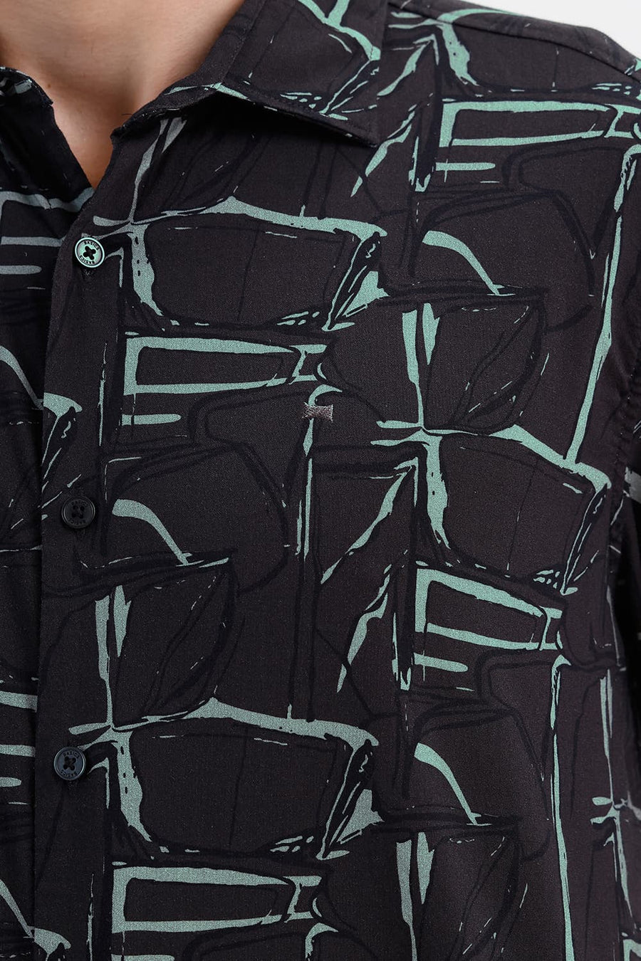 BASICS SLIM FIT BLACK SAND COTTON VISCOSE PRINTED HALFSLEEVES SHIRT