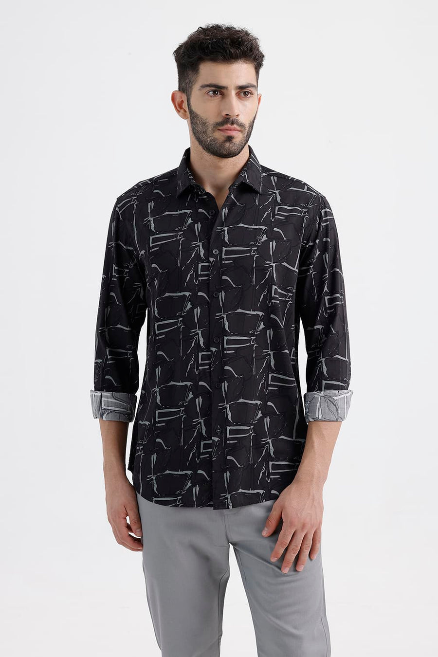 BASICS SLIM FIT BLACK SAND COTTON VISCOSE PRINTED SHIRT