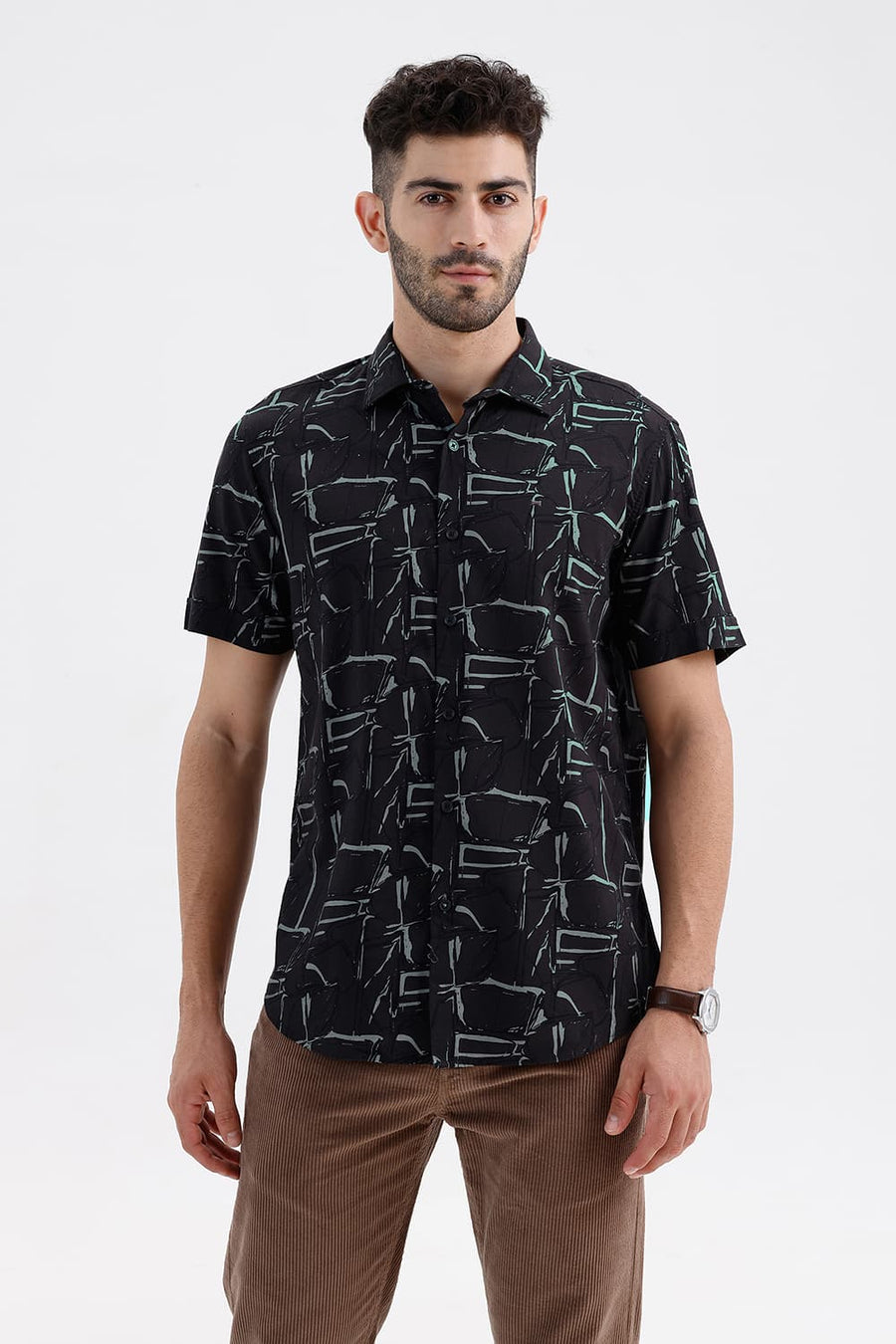 BASICS SLIM FIT BLACK SAND COTTON VISCOSE PRINTED HALFSLEEVES SHIRT