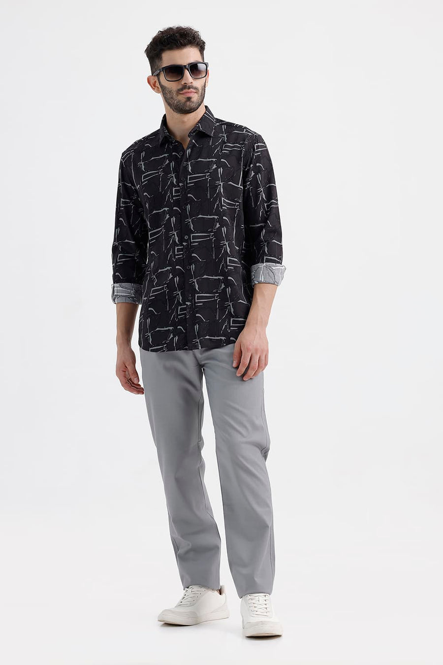 BASICS SLIM FIT BLACK SAND COTTON VISCOSE PRINTED SHIRT