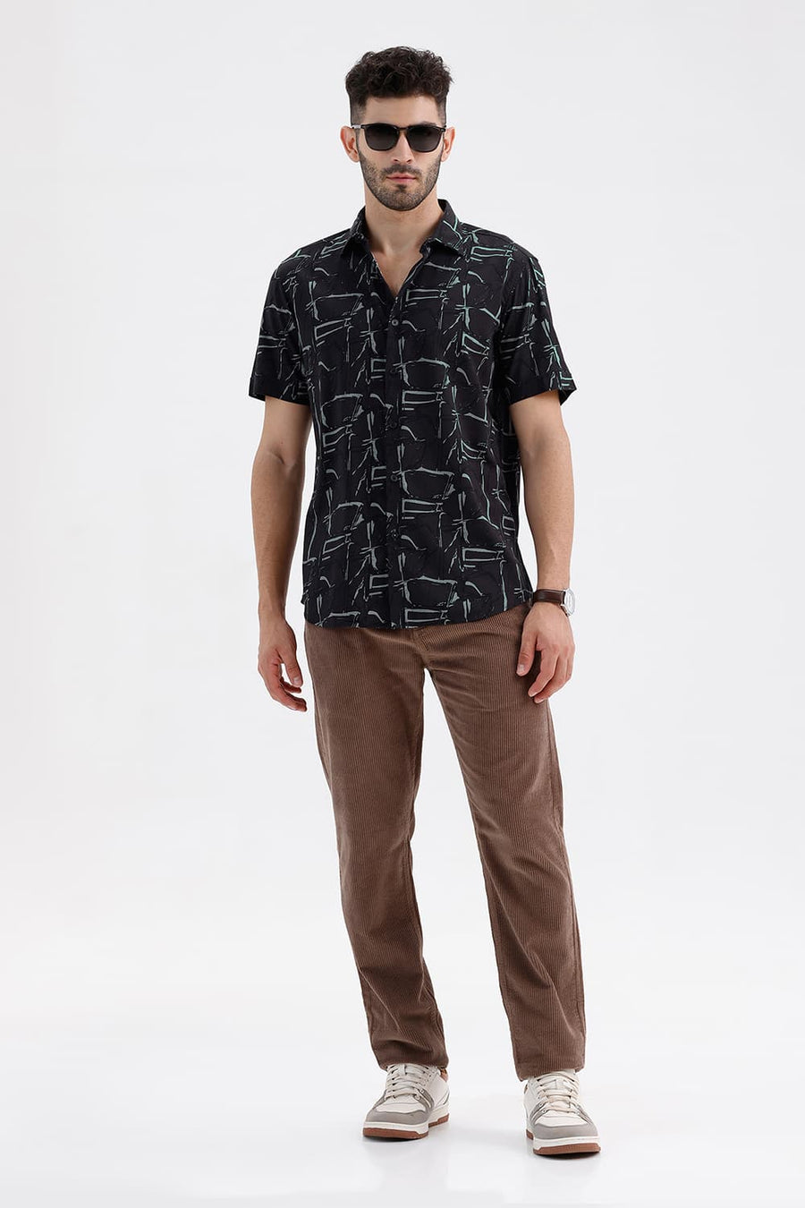 BASICS SLIM FIT BLACK SAND COTTON VISCOSE PRINTED HALFSLEEVES SHIRT