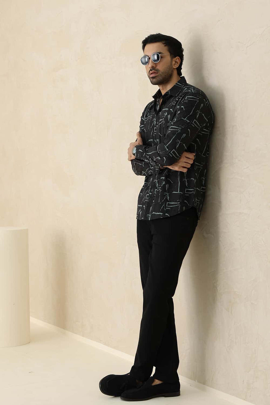 Basics Slim Fit Black Sand Cotton Viscose Printed Shirt