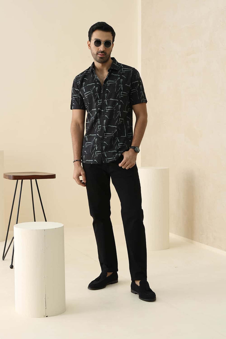 Basics Slim Fit Black Sand Cotton Viscose Printed Halfsleeves Shirt