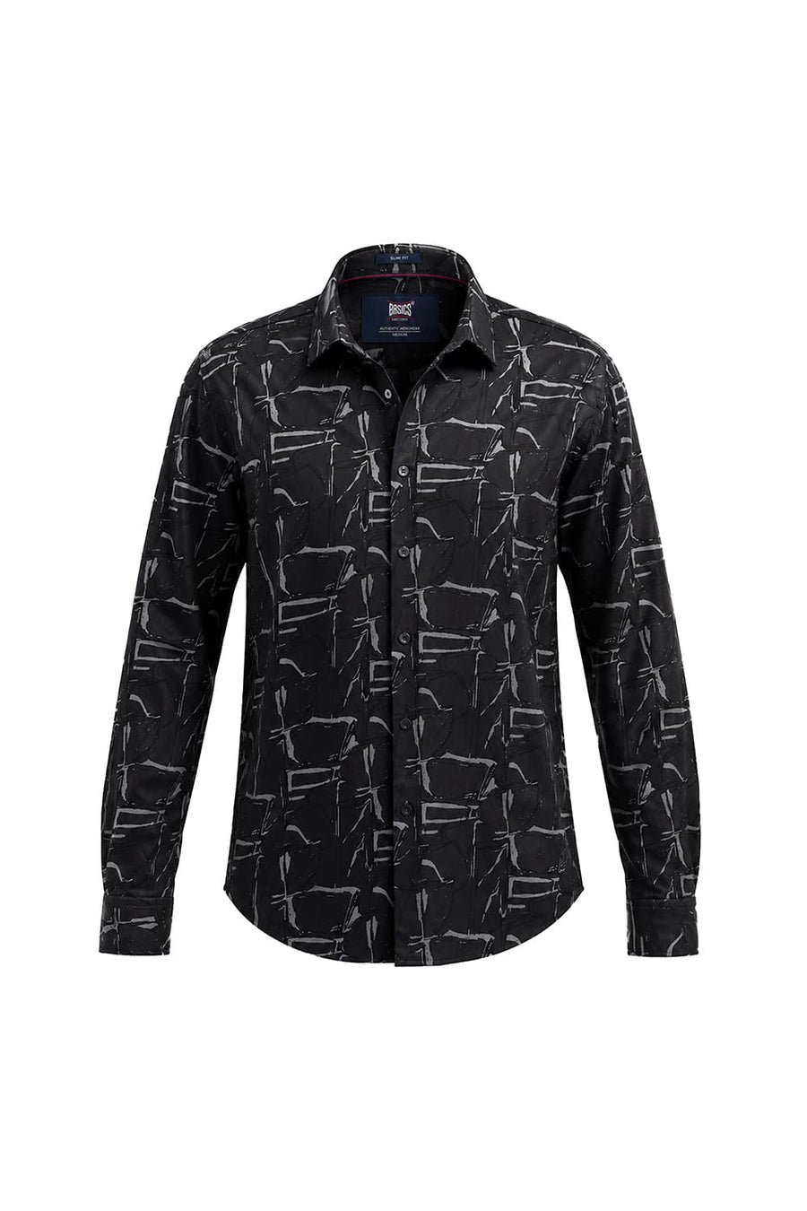 BASICS SLIM FIT BLACK SAND COTTON VISCOSE PRINTED SHIRT