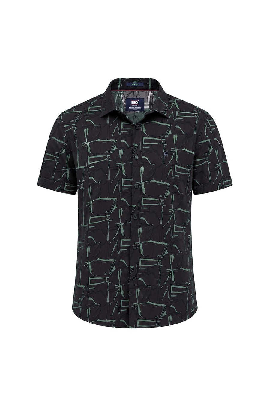 BASICS SLIM FIT BLACK SAND COTTON VISCOSE PRINTED HALFSLEEVES SHIRT