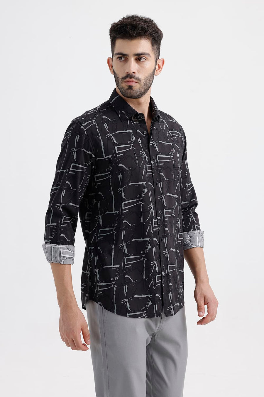 BASICS SLIM FIT BLACK SAND COTTON VISCOSE PRINTED SHIRT