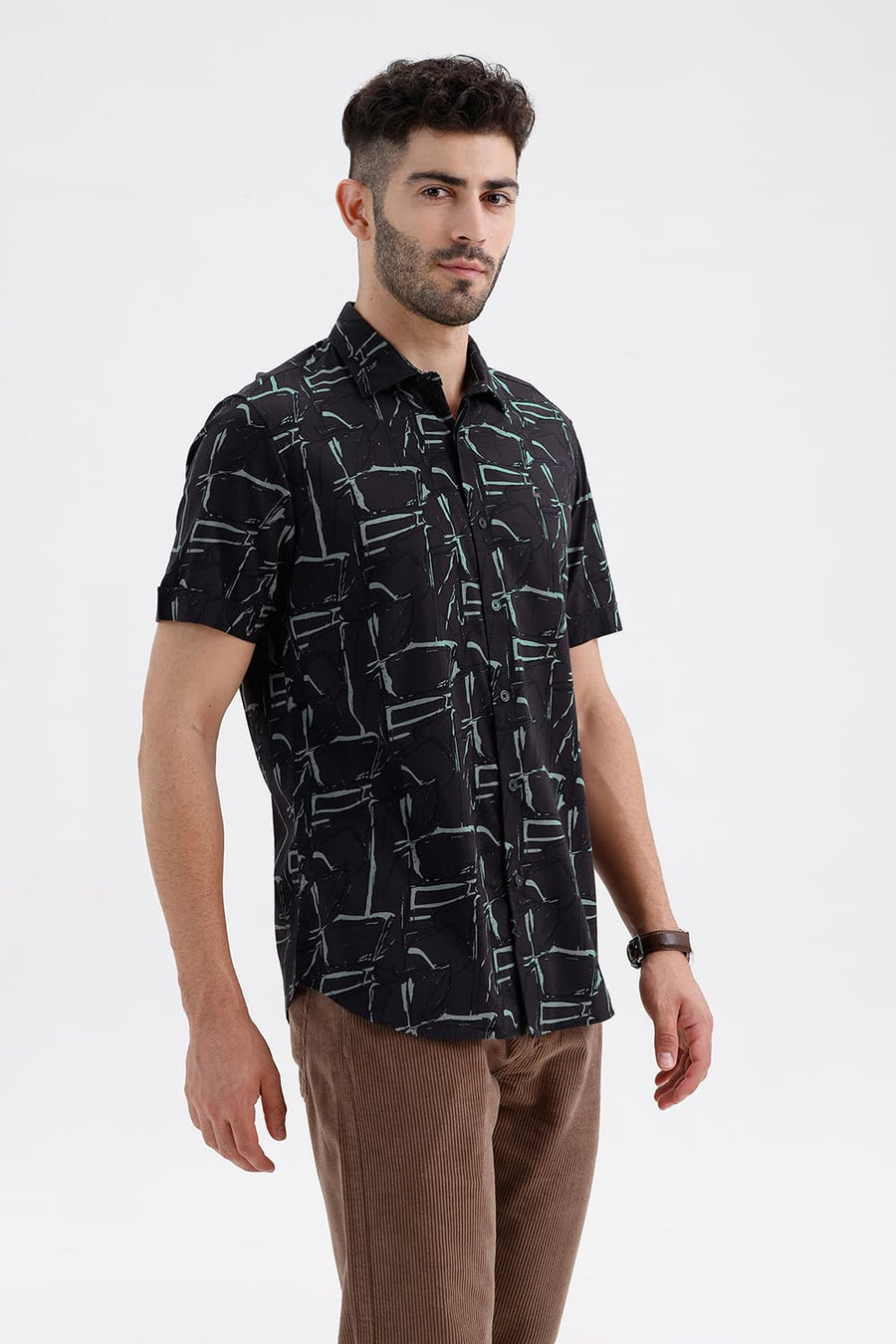 BASICS SLIM FIT BLACK SAND COTTON VISCOSE PRINTED HALFSLEEVES SHIRT