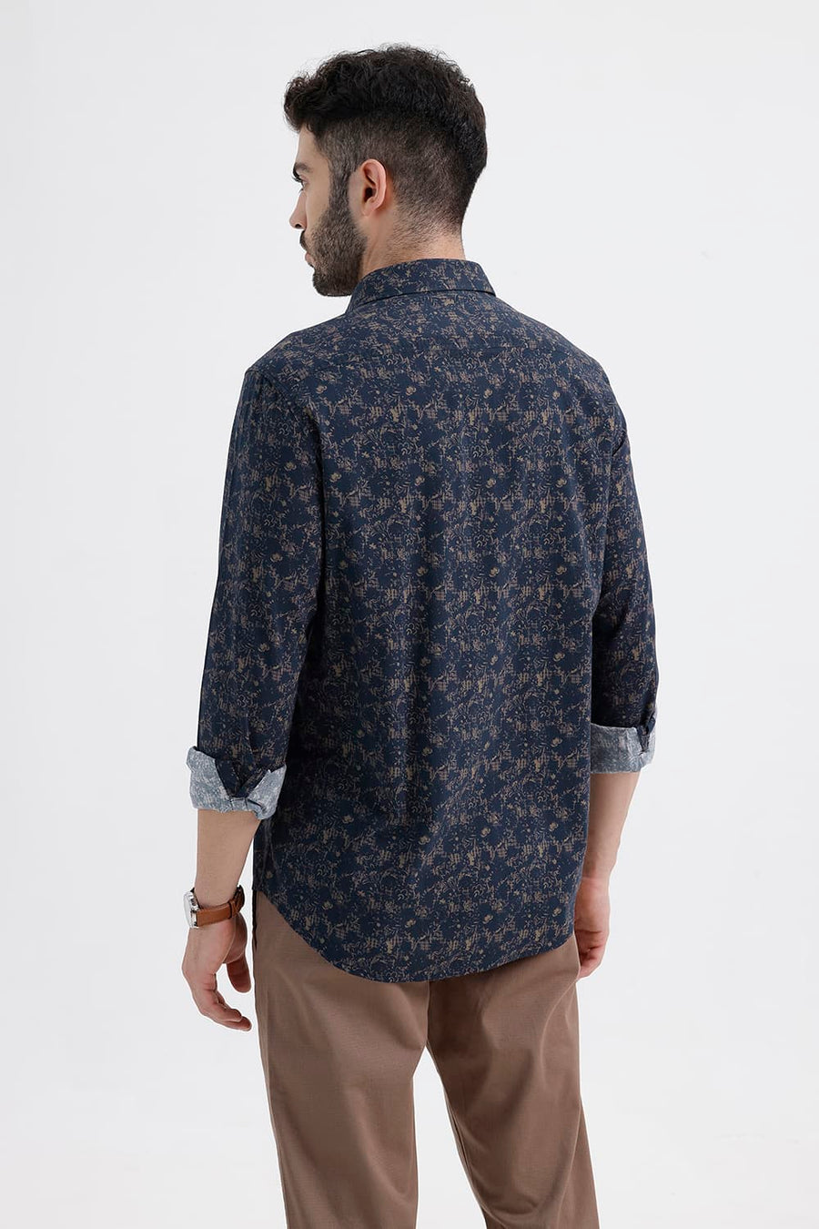BASICS SLIM FIT NAVY INDIGO COTTON VISCOSE PRINTED SHIRT