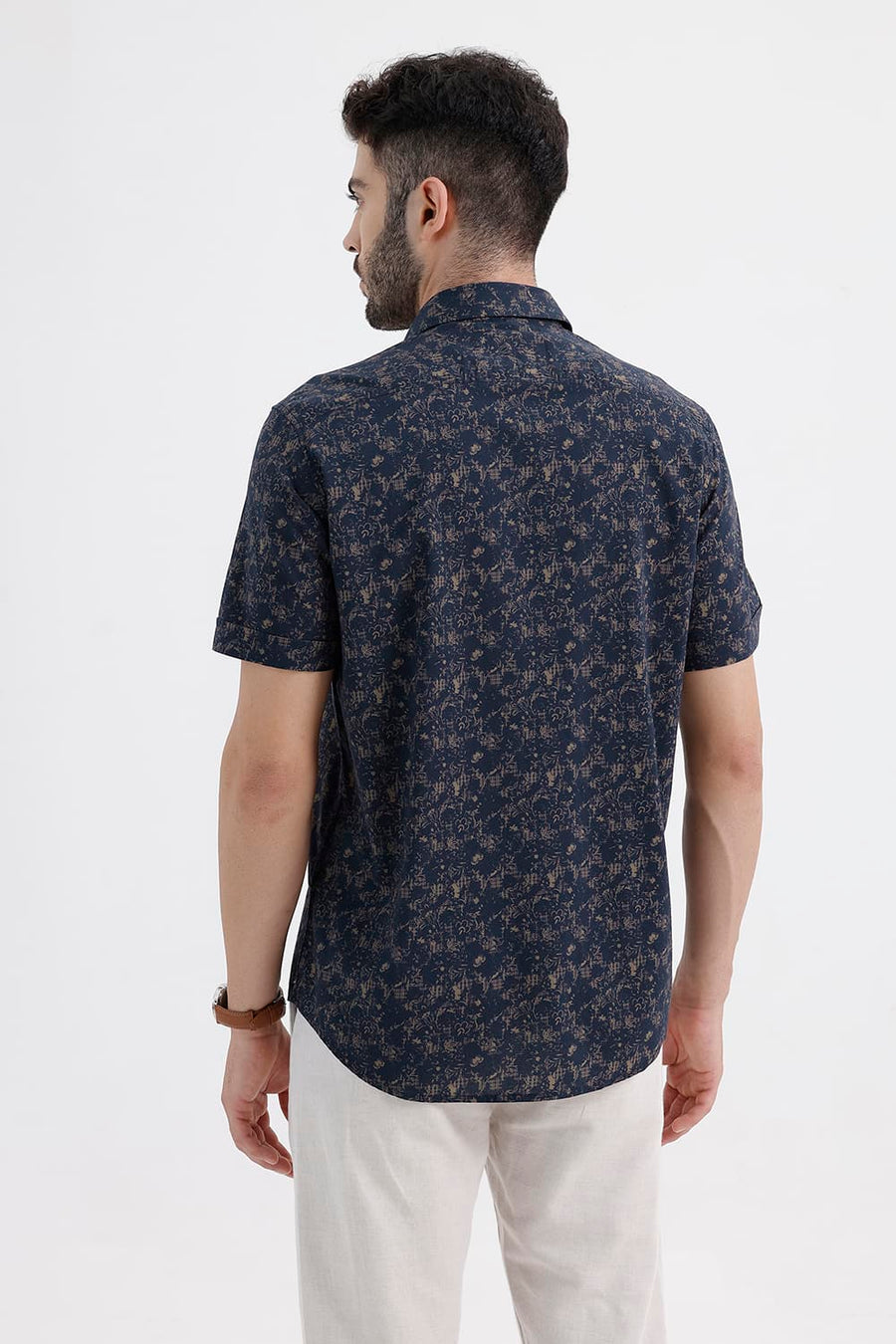 BASICS SLIM FIT NAVY INDIGO COTTON VISCOSE PRINTED HALFSLEEVES SHIRT