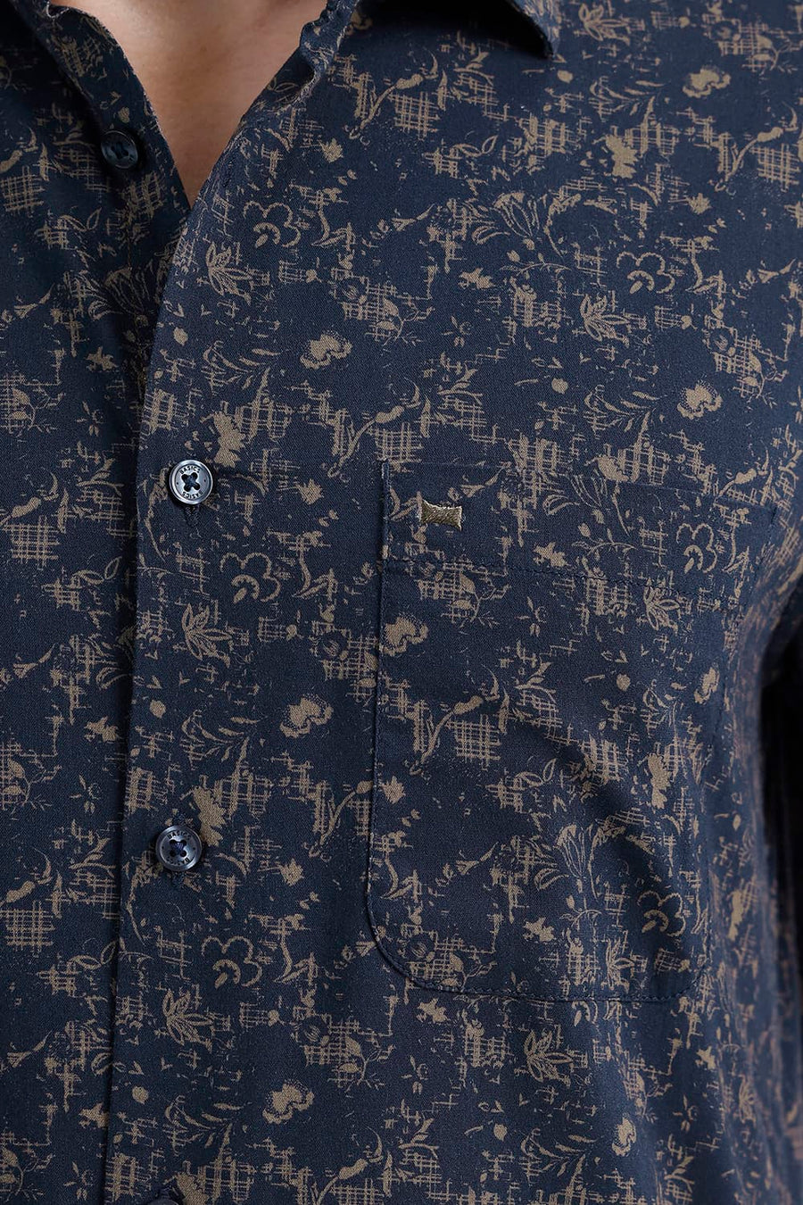 BASICS SLIM FIT NAVY INDIGO COTTON VISCOSE PRINTED SHIRT