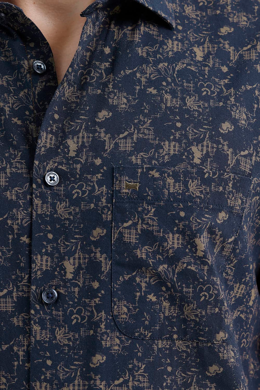 BASICS SLIM FIT NAVY INDIGO COTTON VISCOSE PRINTED HALFSLEEVES SHIRT