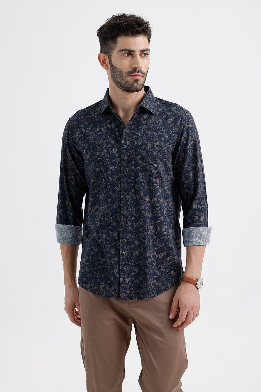 BASICS SLIM FIT NAVY INDIGO COTTON VISCOSE PRINTED SHIRT