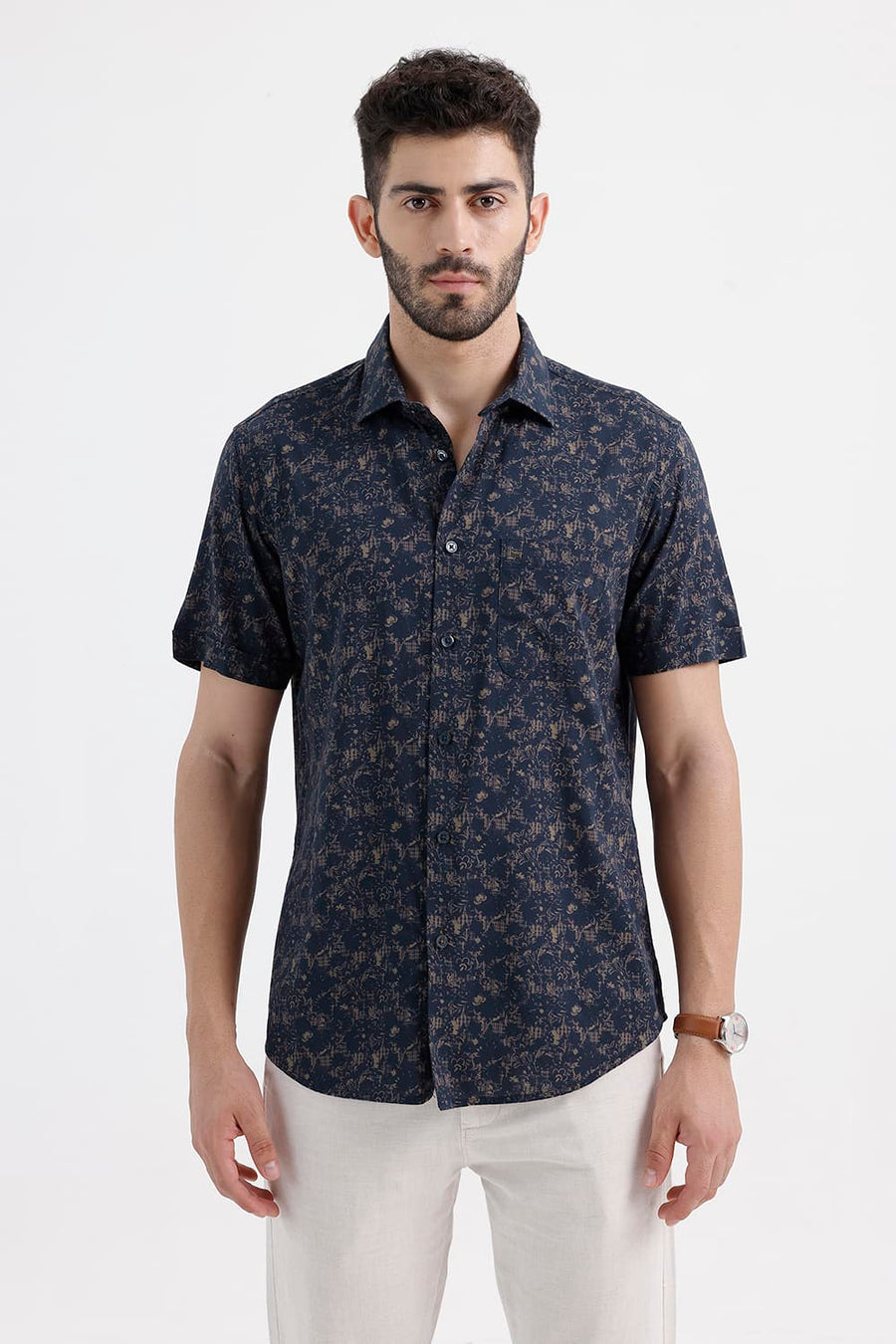 BASICS SLIM FIT NAVY INDIGO COTTON VISCOSE PRINTED HALFSLEEVES SHIRT