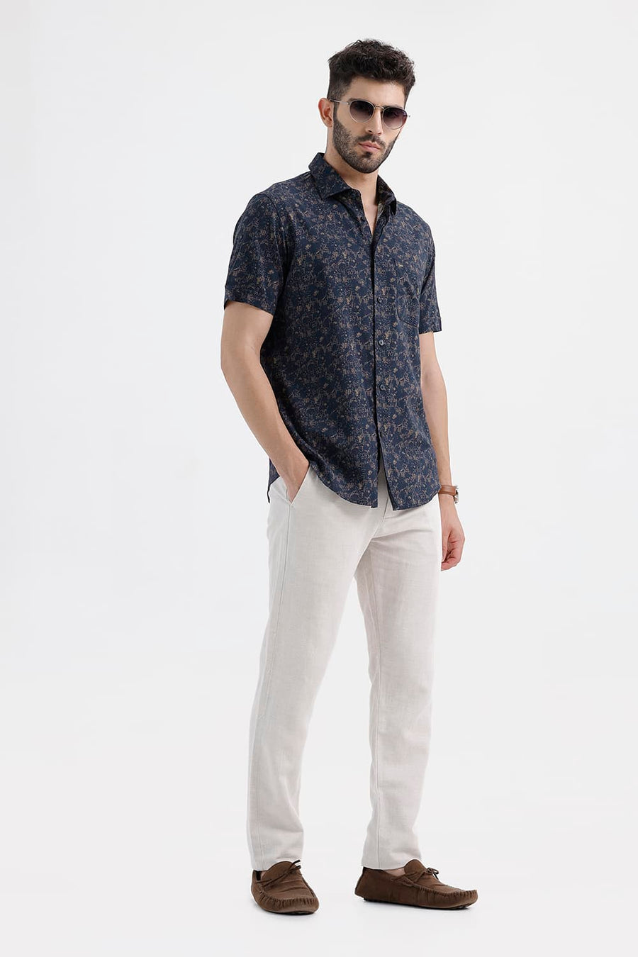 BASICS SLIM FIT NAVY INDIGO COTTON VISCOSE PRINTED HALFSLEEVES SHIRT