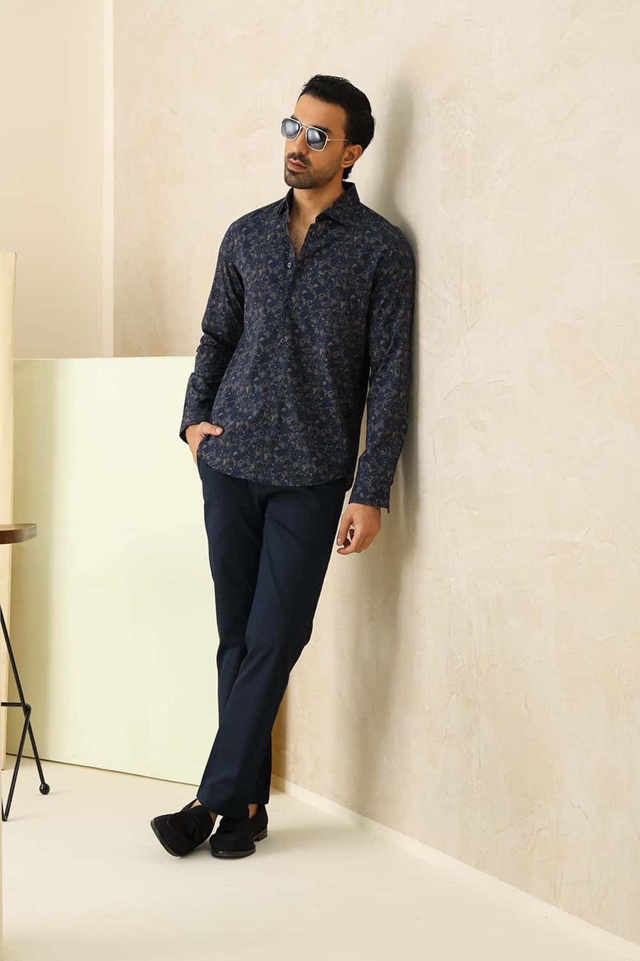 Basics Slim Fit Navy Indigo Cotton Viscose Printed Shirt