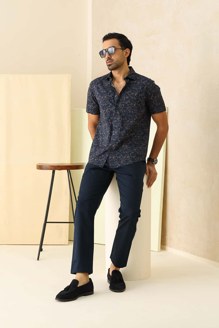 Basics Slim Fit Navy Indigo Cotton Viscose Printed Halfsleeves Shirt