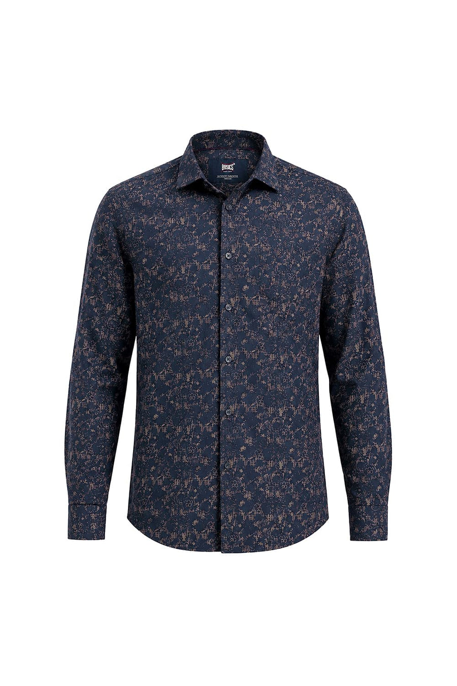 BASICS SLIM FIT NAVY INDIGO COTTON VISCOSE PRINTED SHIRT