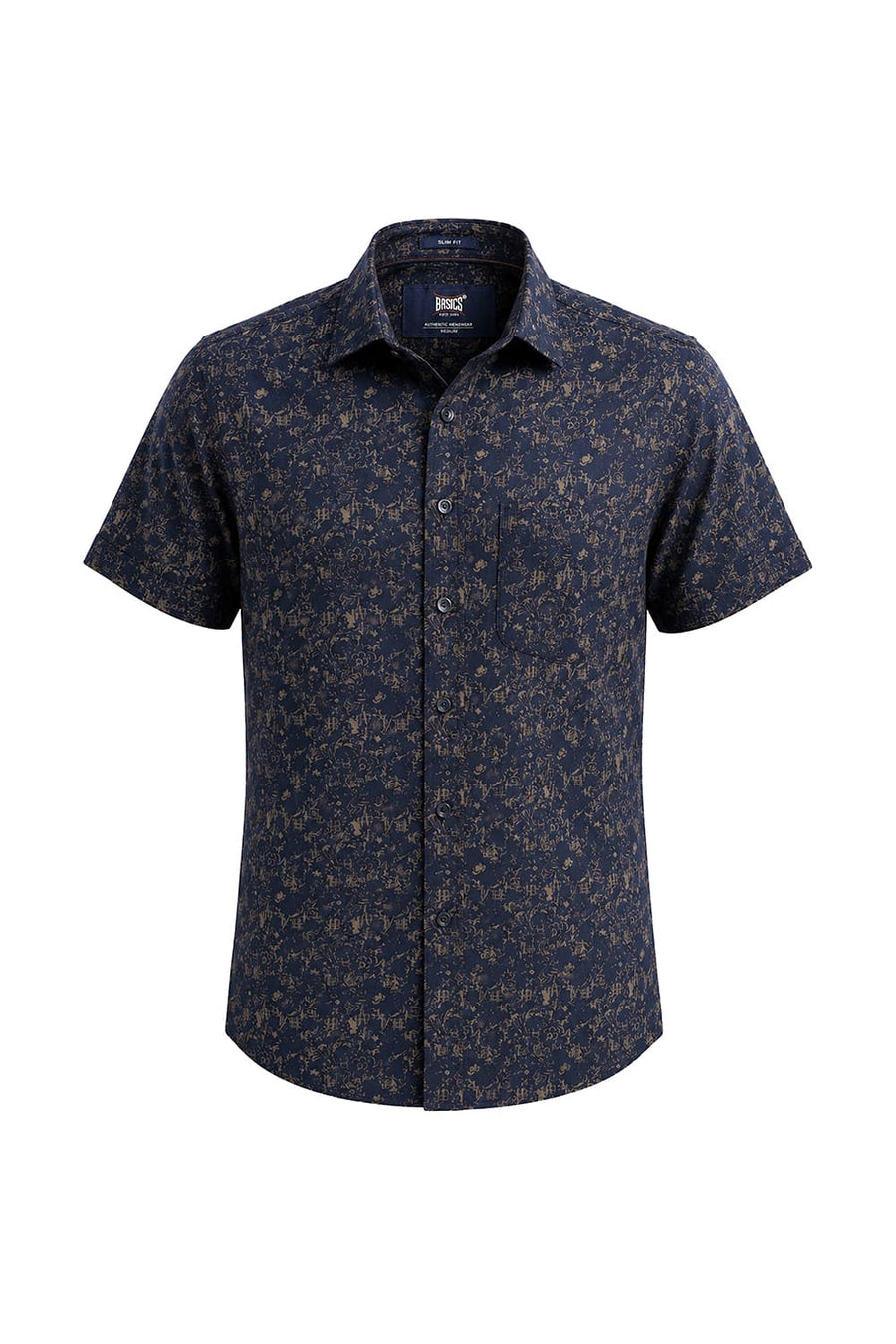 BASICS SLIM FIT NAVY INDIGO COTTON VISCOSE PRINTED HALFSLEEVES SHIRT
