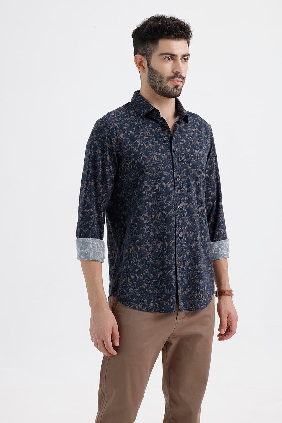 BASICS SLIM FIT NAVY INDIGO COTTON VISCOSE PRINTED SHIRT