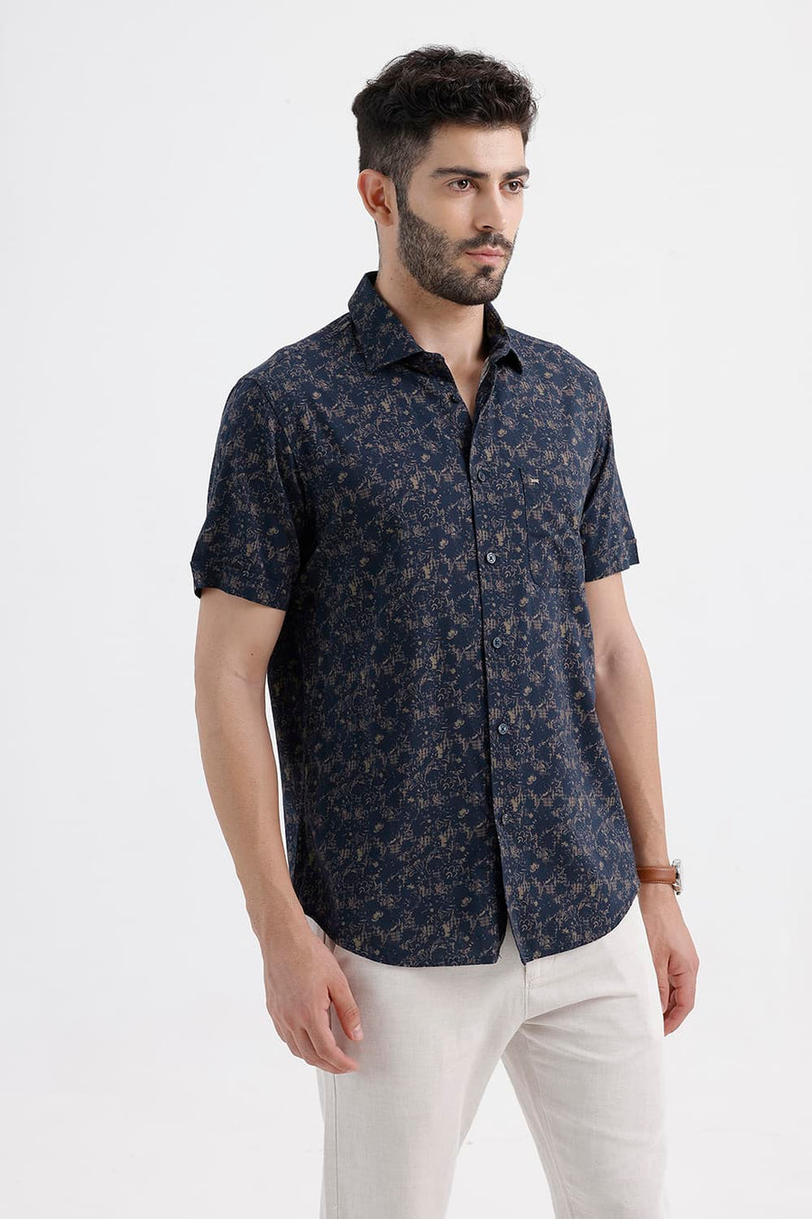 BASICS SLIM FIT NAVY INDIGO COTTON VISCOSE PRINTED HALFSLEEVES SHIRT