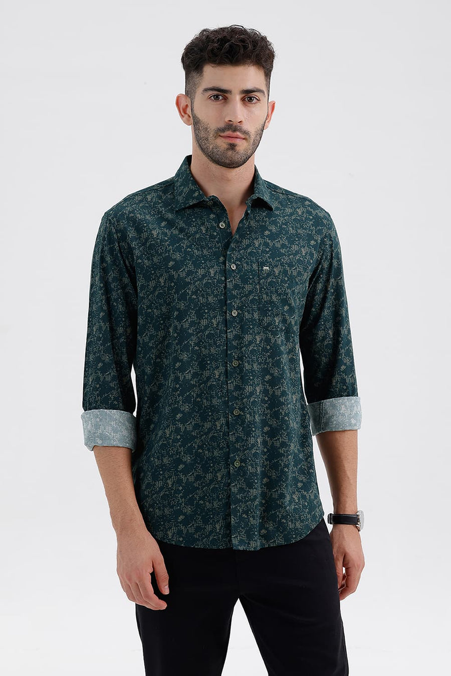 BASICS SLIM FIT GREEN GABLES COTTON VISCOSE PRINTED SHIRT