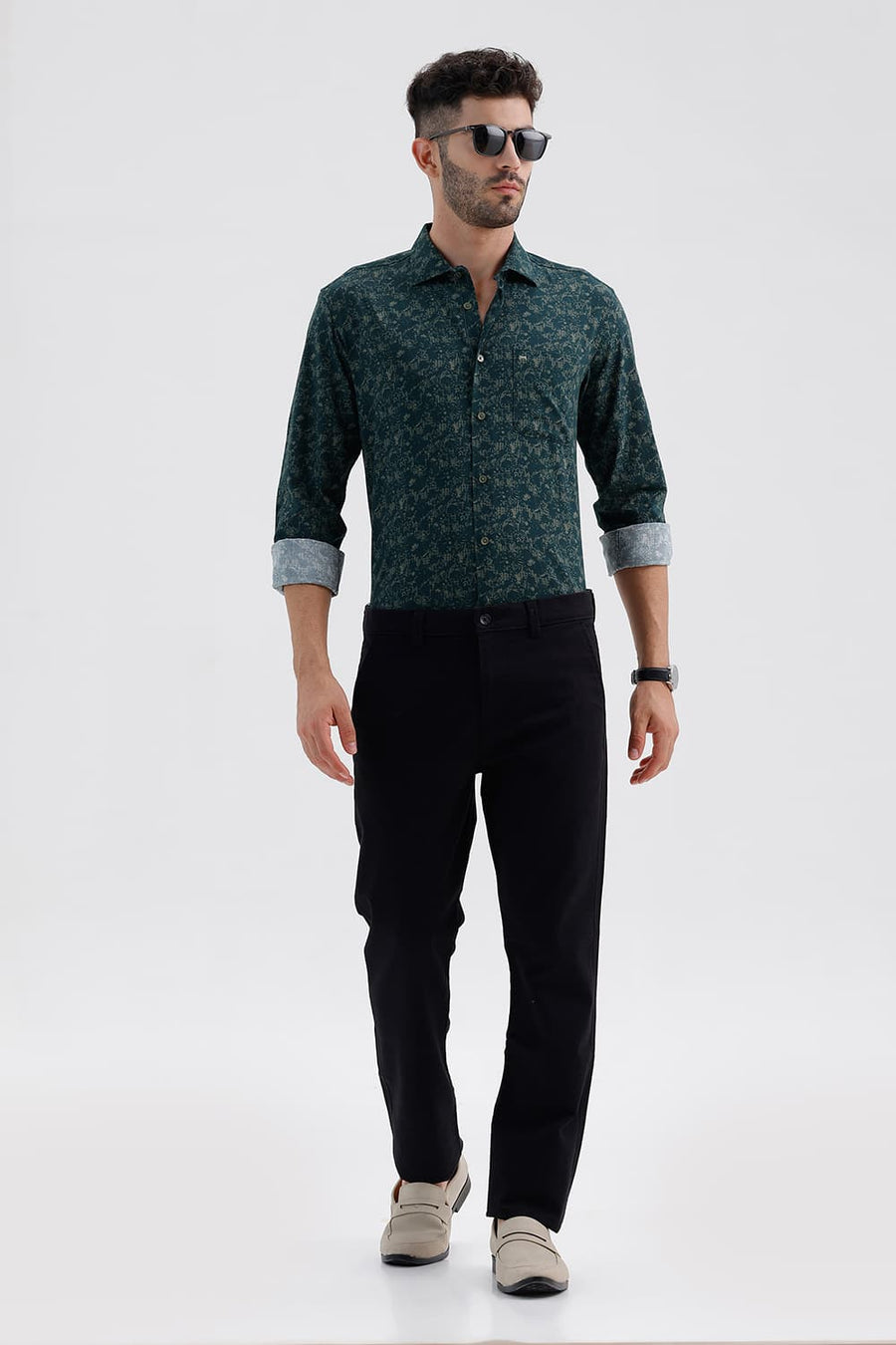 BASICS SLIM FIT GREEN GABLES COTTON VISCOSE PRINTED SHIRT