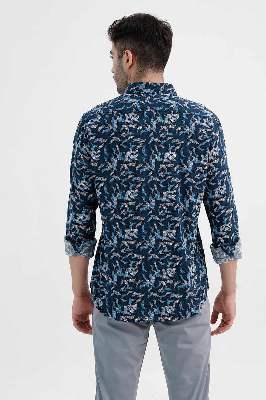 BASICS SLIM FIT ORION BLUE COTTON VISCOSE PRINTED SHIRT