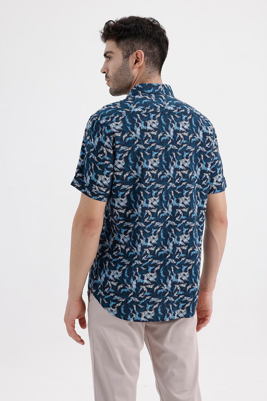 BASICS SLIM FIT ORION BLUE COTTON VISCOSE PRINTED HALFSLEEVES SHIRT