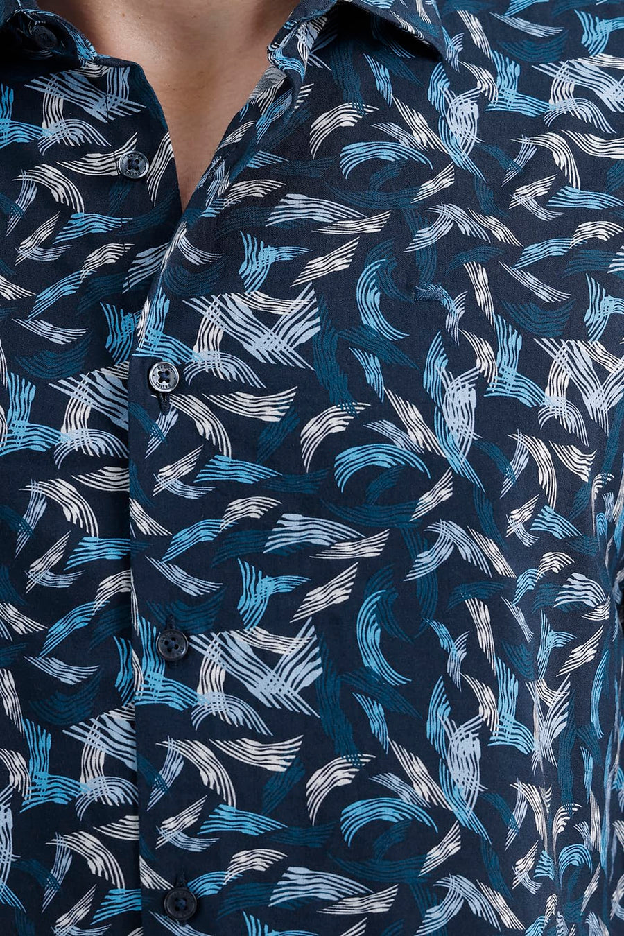 BASICS SLIM FIT ORION BLUE COTTON VISCOSE PRINTED SHIRT