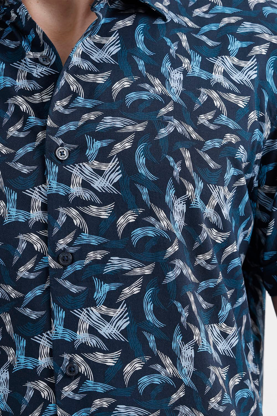 BASICS SLIM FIT ORION BLUE COTTON VISCOSE PRINTED HALFSLEEVES SHIRT