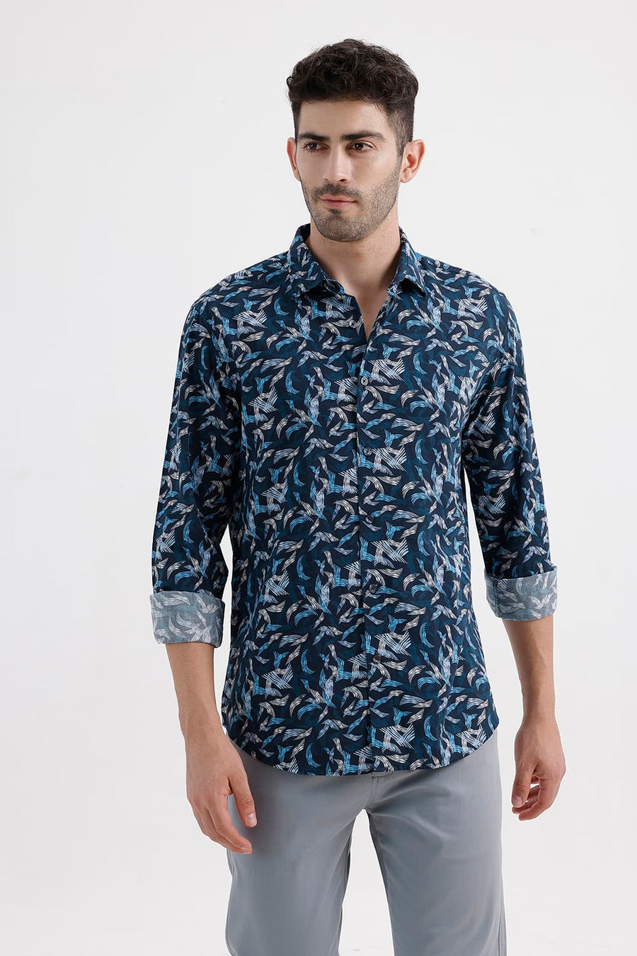 BASICS SLIM FIT ORION BLUE COTTON VISCOSE PRINTED SHIRT