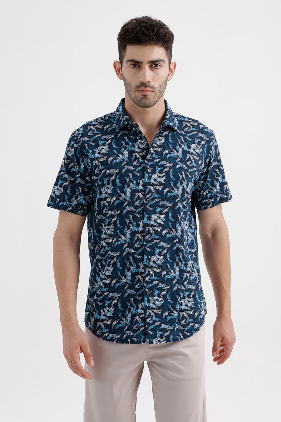 BASICS SLIM FIT ORION BLUE COTTON VISCOSE PRINTED HALFSLEEVES SHIRT