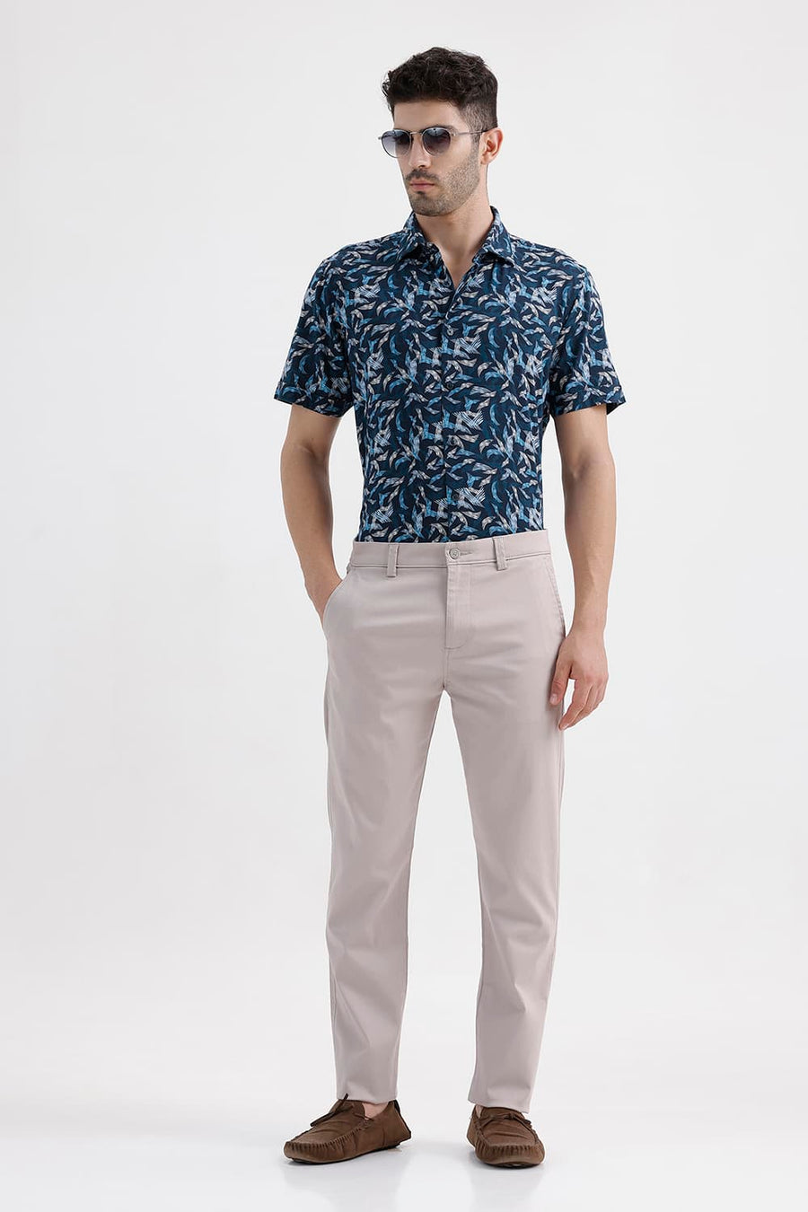 BASICS SLIM FIT ORION BLUE COTTON VISCOSE PRINTED HALFSLEEVES SHIRT