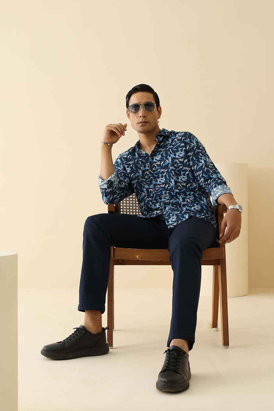 Basics Slim Fit Orion Blue Cotton Viscose Printed Shirt