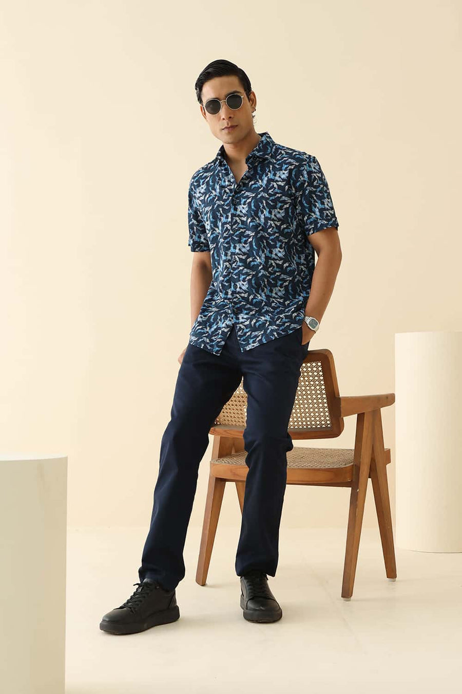 Basics Slim Fit Orion Blue Cotton Viscose Printed Halfsleeves Shirt