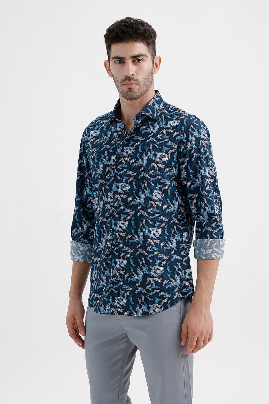 BASICS SLIM FIT ORION BLUE COTTON VISCOSE PRINTED SHIRT