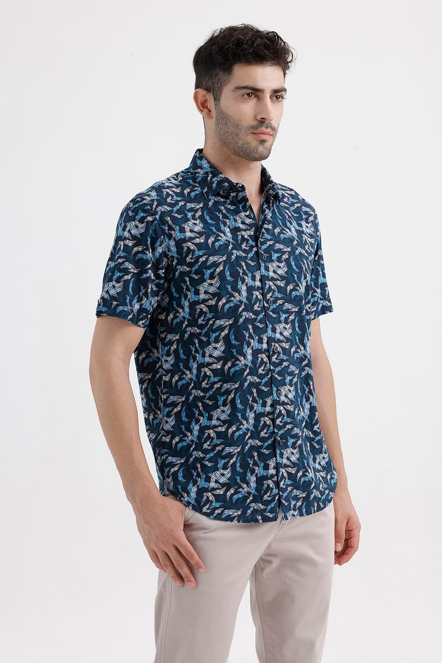 BASICS SLIM FIT ORION BLUE COTTON VISCOSE PRINTED HALFSLEEVES SHIRT