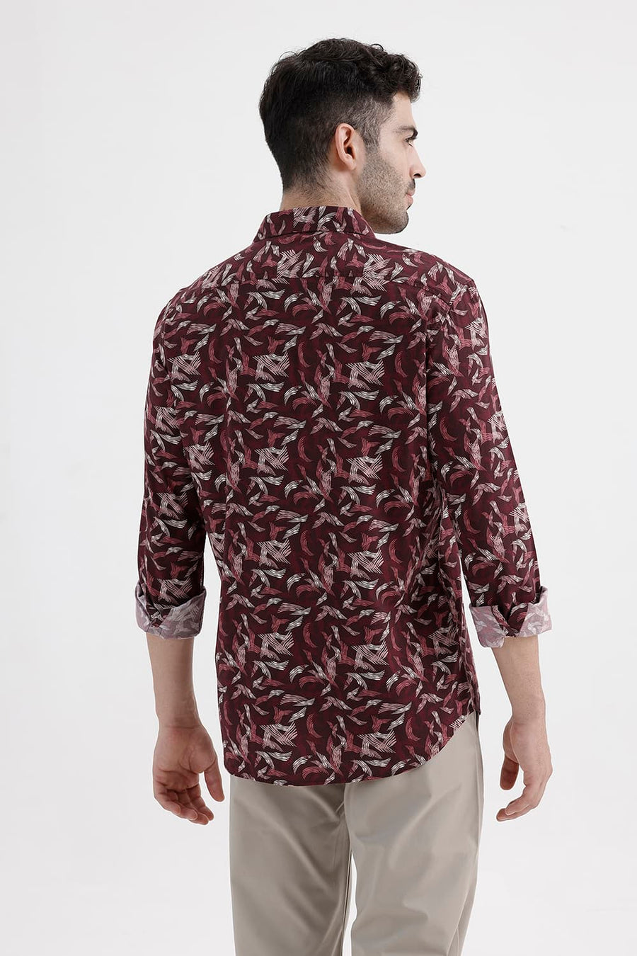 BASICS SLIM FIT PORT RED COTTON VISCOSE PRINTED SHIRT