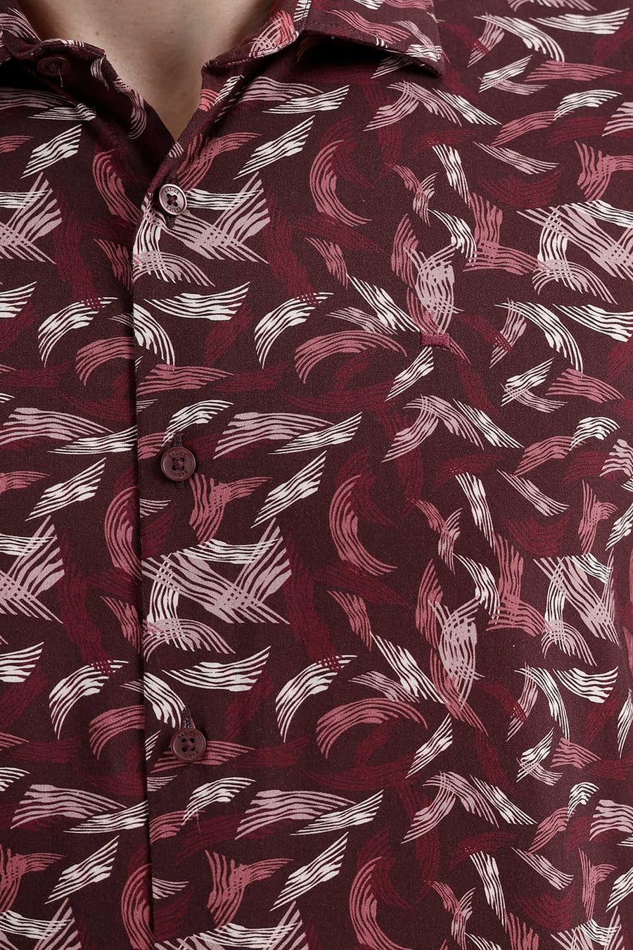 BASICS SLIM FIT PORT RED COTTON VISCOSE PRINTED SHIRT