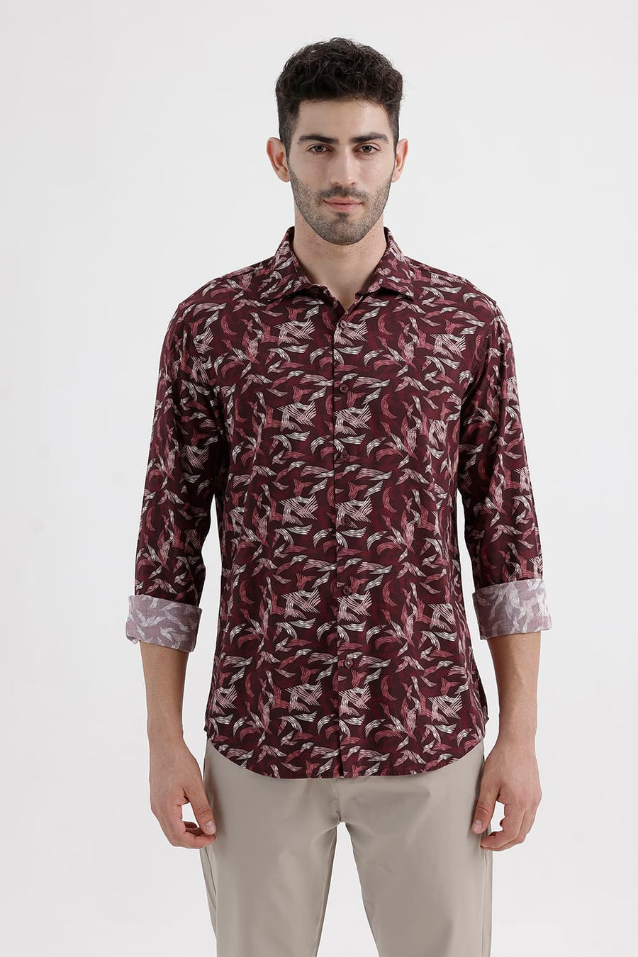 BASICS SLIM FIT PORT RED COTTON VISCOSE PRINTED SHIRT