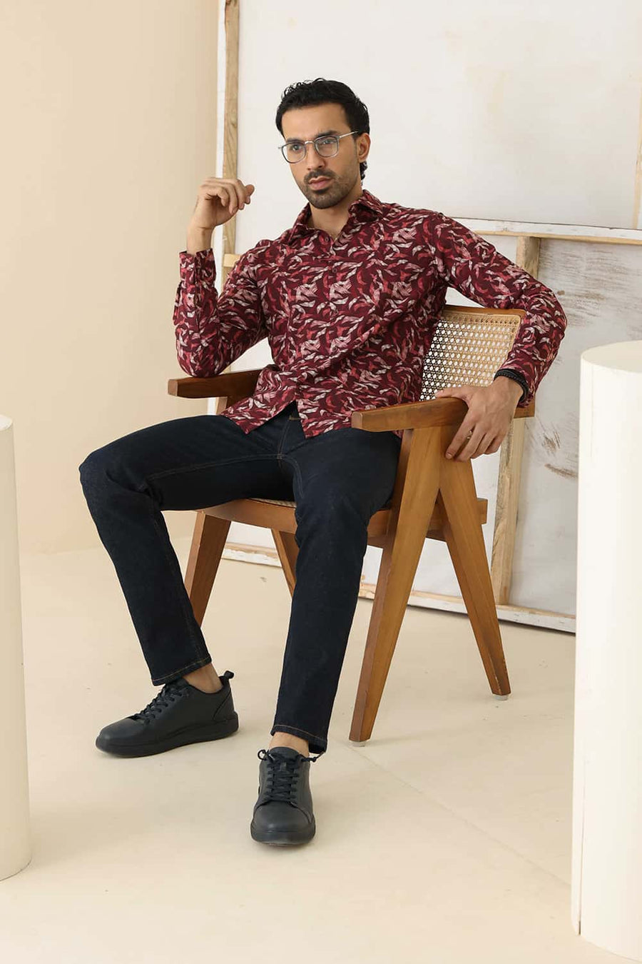Basics Slim Fit Port Red Cotton Viscose Printed Shirt