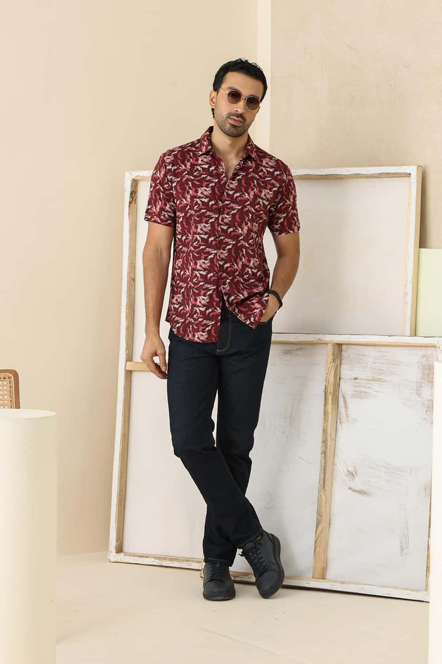 Basics Slim Fit Port Red Cotton Viscose Printed Halfsleeves Shirt
