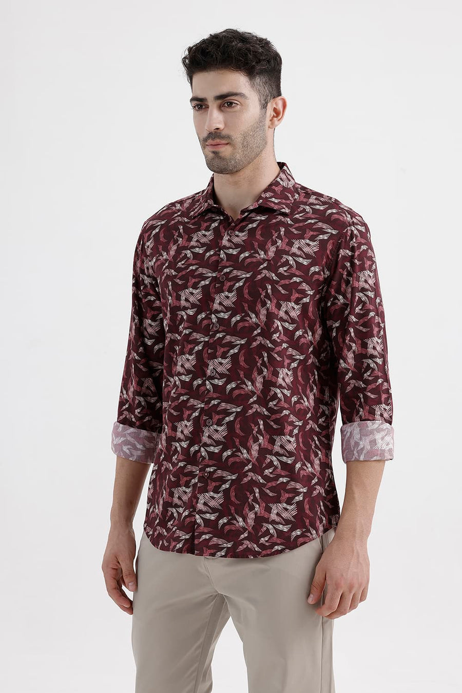 BASICS SLIM FIT PORT RED COTTON VISCOSE PRINTED SHIRT