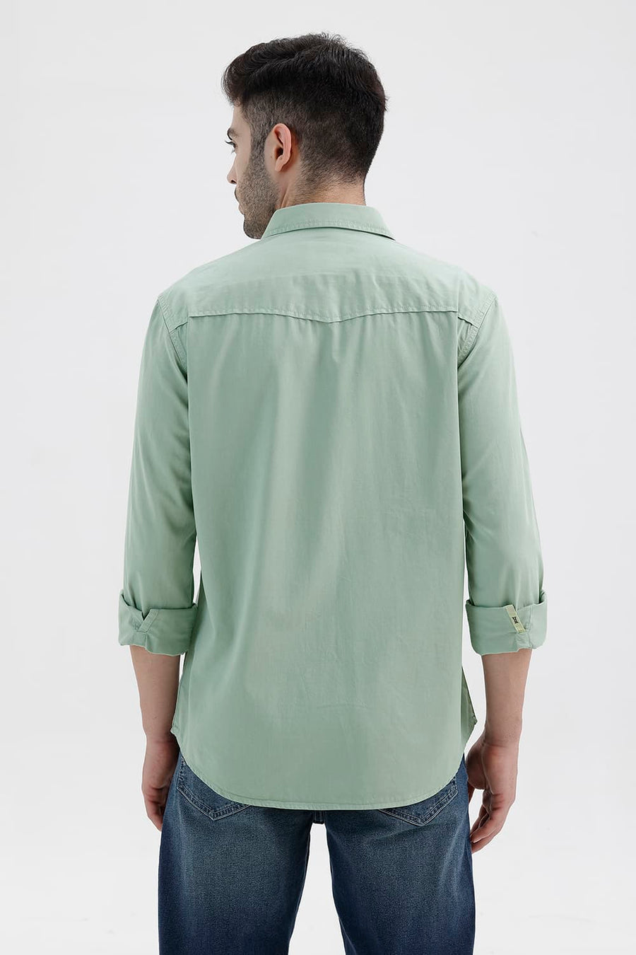 BASICS SLIM FIT ICEBERG GREEN COTTON TWILL SHIRT