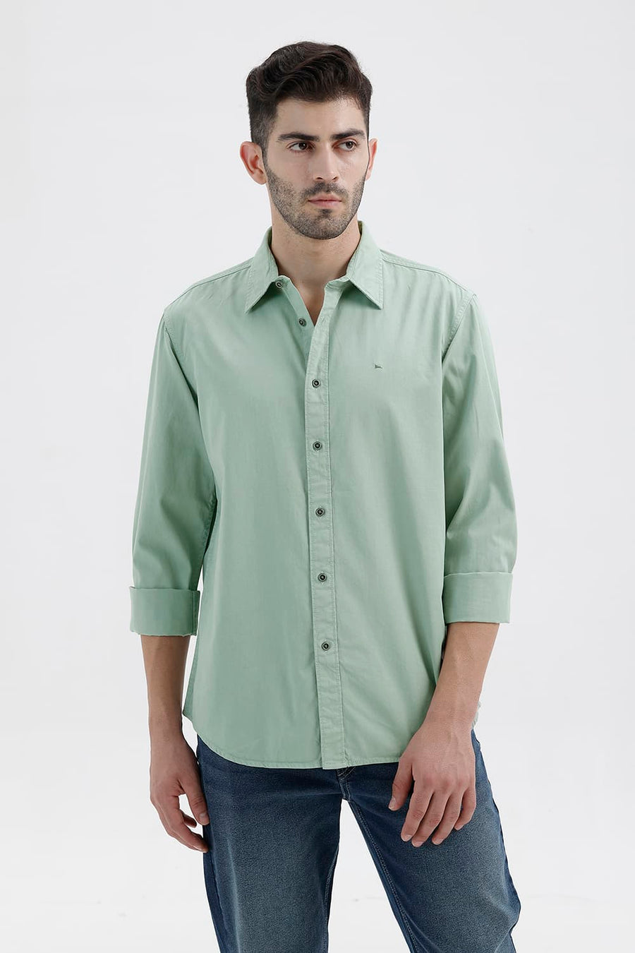 BASICS SLIM FIT ICEBERG GREEN COTTON TWILL SHIRT