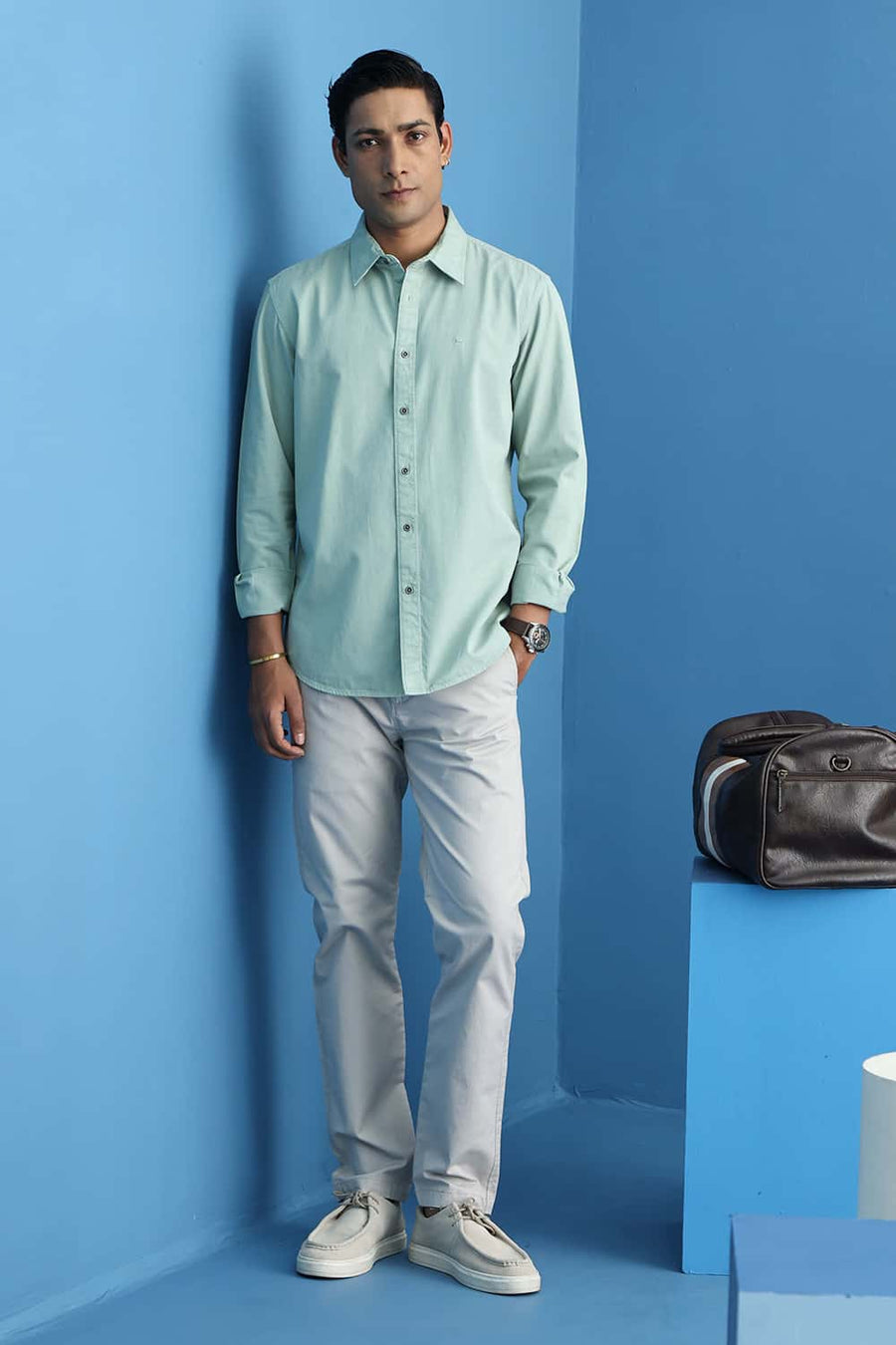 Basics Slim Fit Iceberg Green Cotton Twill Shirt