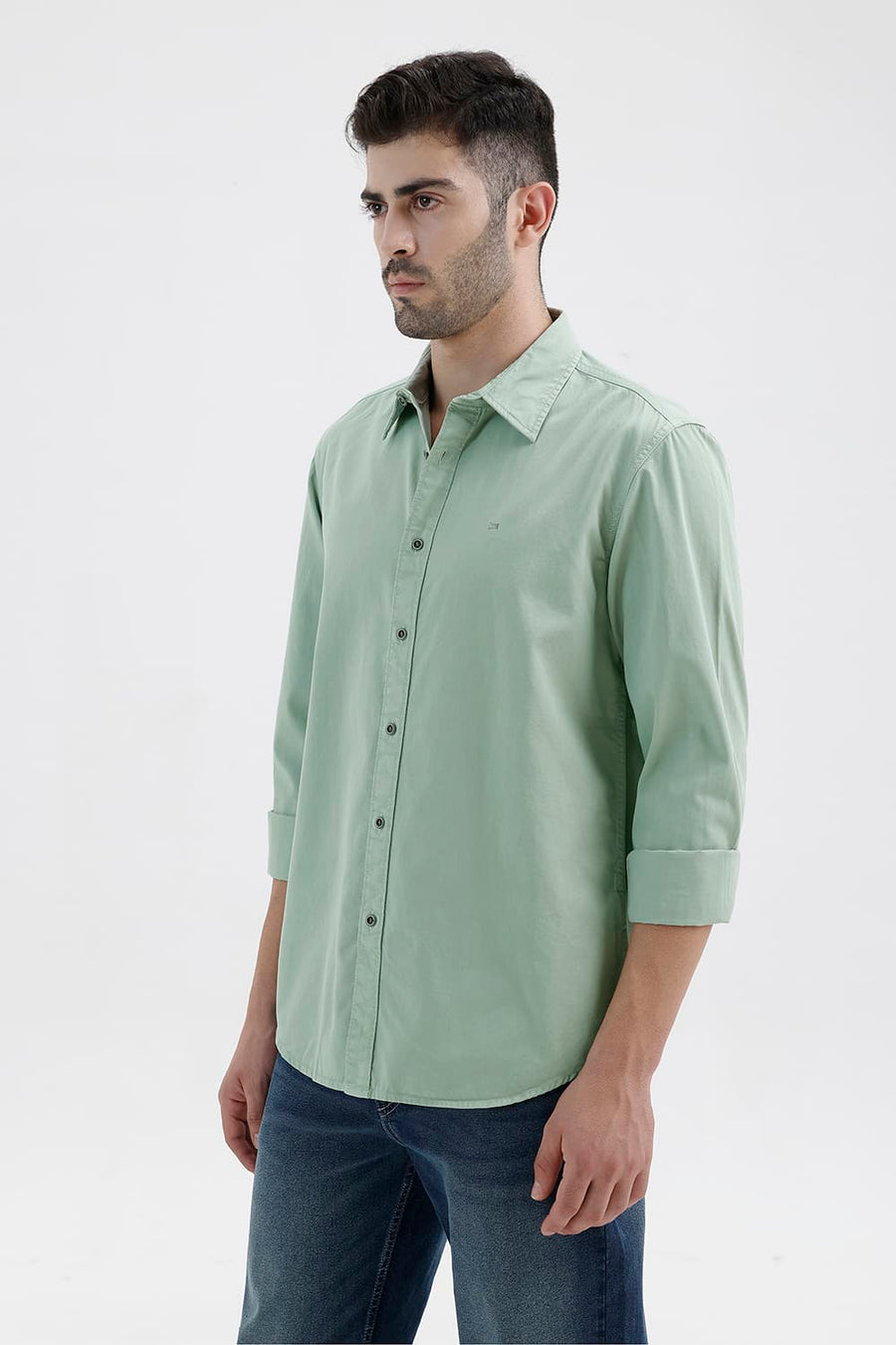 BASICS SLIM FIT ICEBERG GREEN COTTON TWILL SHIRT