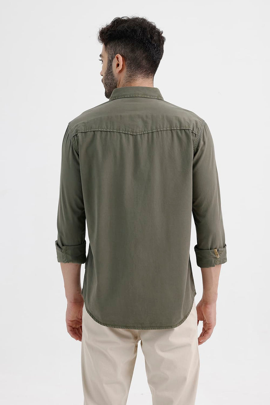 BASICS SLIM FIT OLIVE LICHEN COTTON TWILL SHIRT